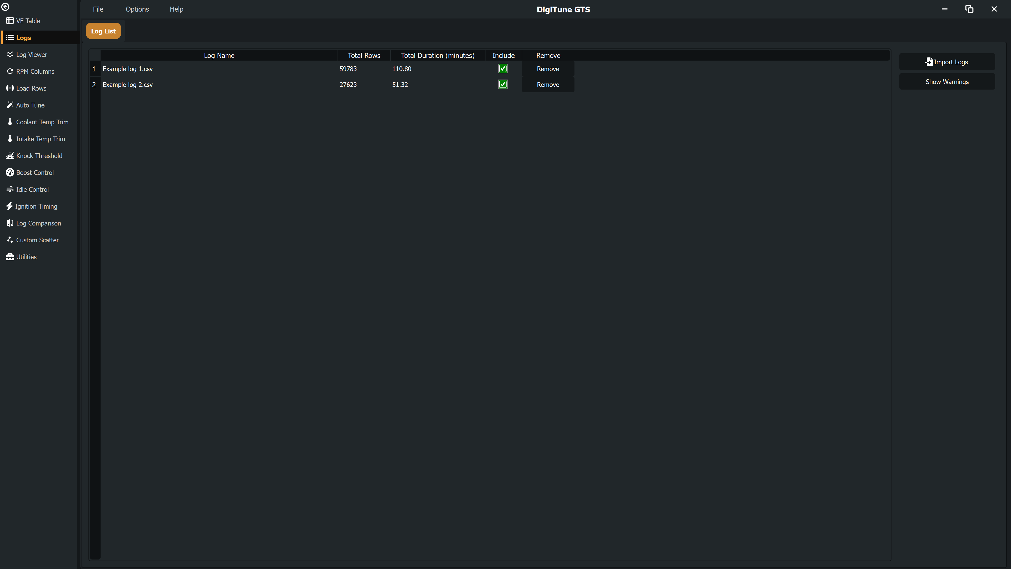 Logs page showing the log list with Include checkboxes and Import Logs button
